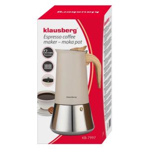 Електрическа кубинска кафеварка за еспресо Klausberg KB 7997, 600 мл, 12 чаши, Предпазен клапан, Стомана, Индукция, Бежов