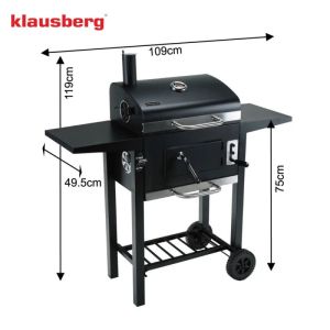 Барбекю на дървени въглища Klausberg KB 9034, Комин, Регулируема вентилация, Чекмедже за пепел, Термометър, Колелца, Стомана, Черен
