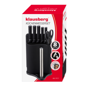 Комплект ножове Klausberg KB 7977, 8 части, Неръждаема стомана, Стойка, Държач за кухненска хартия, Черен