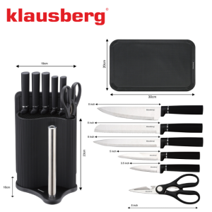 Комплект ножове Klausberg KB 7977, 8 части, Неръждаема стомана, Стойка, Държач за кухненска хартия, Черен