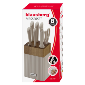 Комплект ножове Klausberg KB 7984, 8 части, Неръждаема стомана, Точило, Стойка от акациево дърво, Бежов/дървесен
