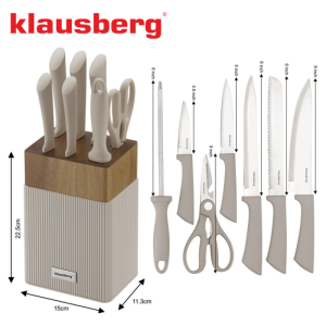 Комплект ножове Klausberg KB 7984, 8 части, Неръждаема стомана, Точило, Стойка от акациево дърво, Бежов/дървесен