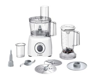 Кухненски робот Bosch MCM3200W, Kitchen machine, MultiTalent 3, 800 W, BPA-free, plastic bowl 2.3 l , Double-sided stainless steel disc for cutting and planing, suitable for crushing ice, Dough attachment, white