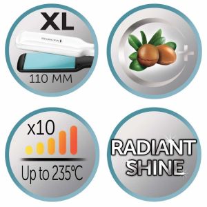 Преса за коса Remington S8550 Shine Therapy, Керамично покритие с арганово масло+витамин Е, 235°C, 10 настройки, Широки плочи, Бързо загряване, Бял