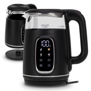 Електрическа кана Adler AD 1305 BS, 1850/2200 W, 1.7 л, Сензорен контрол, Цветен LCD дисплей, Пет температурни настройки 40-100°C, Филтър против утаяване, Черен/сив