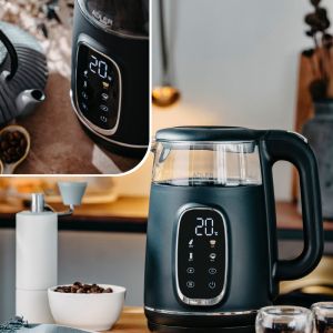 Електрическа кана Adler AD 1305 BS, 1850/2200 W, 1.7 л, Сензорен контрол, Цветен LCD дисплей, Пет температурни настройки 40-100°C, Филтър против утаяване, Черен/сив