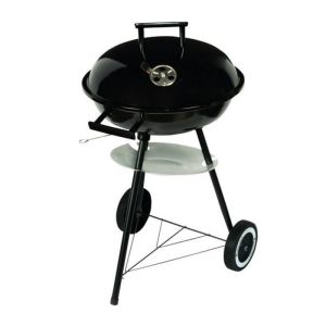 Барбекю на дървени въглища MasterGrill MG913, 42 см, Емайлирана стомана, Дървени дръжки, Долен рафт, 2 колела, Черен/Инокс