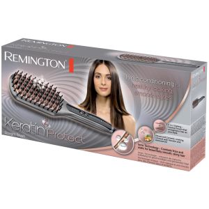 Електрическа четка за изправяне на коса 2в1 Remington CB7480, 230°C, Обогатена с кератин и мадемово масло, Антистатична керамика, Сребрист