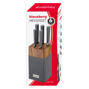 Комплект ножове Klausberg KB 7982, 6 части, Неръждаема стомана, Стойка от акациево дърво, Графит/кафяв