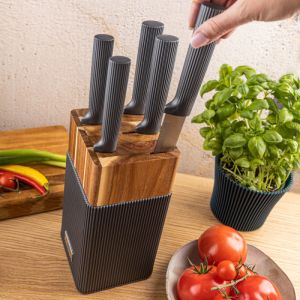 Комплект ножове Klausberg KB 7982, 6 части, Неръждаема стомана, Стойка от акациево дърво, Графит/кафяв