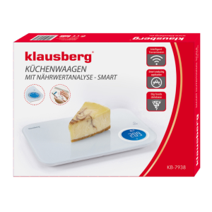 Кухненска везна Klausberg KB 7938, 5 Kg, Bluetooth, Мобилно приложение, LCD, ТАРА, 4 показателя, Течности, Индикатори, Бял/син