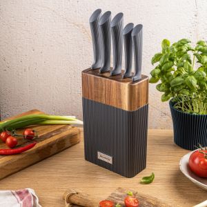 Комплект ножове Klausberg KB 7979, 6 части, Неръждаема стомана, Стойка, Графит/кафяв