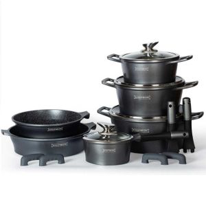Комплект тенджери и тигани Royalty Line RL-ES1014M Silver, Лят алуминий, 14 части, Мраморно покритие, Сребрист