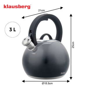 Свирещ чайник Klausberg KB 7955, 3l, Термоизолирана дръжка, Многослойно дъно, Индукция, Тъмносив графит