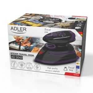 Парна ютия за пътуване Adler AD 5049, 420W, 30 мл, Керамична плоча, Парно и сухо гладене, Черен/Лилав