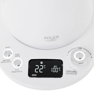 Електрическа кана Adler AD 1349W, 1100W, 1 л, 40-100 C, Поддържане на топлината, LED дисплей, Бял