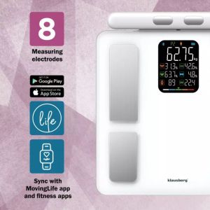 Кантар - анализатор Klausberg KB 7857, До 180 кг, Bluetooth, Android/iOS, LCD дисплей, 14 телесни стойности, Бял