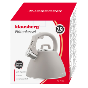 Свирещ чайник Klausberg KB 7953, 2.5 л, Неръждаема стомана, Топлоизолирана дръжка, Индукция, Бежов