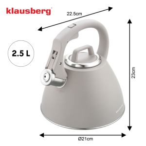 Свирещ чайник Klausberg KB 7953, 2.5 л, Неръждаема стомана, Топлоизолирана дръжка, Индукция, Бежов