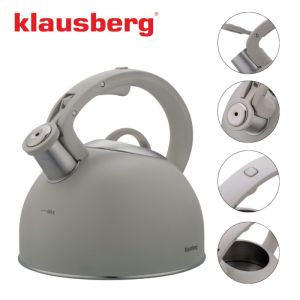 Свирещ чайник Klausberg KB 7912, 2.5 л, Дръжка с дървесен ефект, Индукция, Светлосив