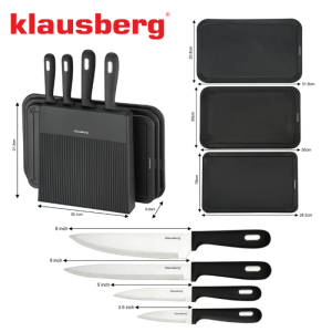 Комплект ножове и дъски за рязане Klausberg KB 7980, 8 части, Неръждаема стомана, Стойка, Черен/инокс