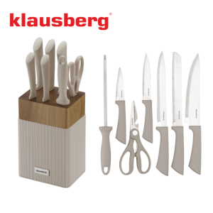 Комплект ножове Klausberg KB 7984, 8 части, Неръждаема стомана, Точило, Стойка от акациево дърво, Бежов/дървесен