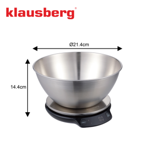 Кухненска везна с купа Klausberg KB 7939, 5 Kg, Bluetooth, Мобилно приложение, LED, ТАРА, Течности, 4 хранителни стойности, Инокс