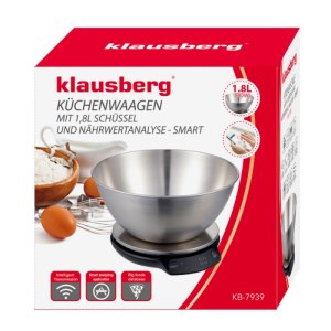 Кухненска везна с купа Klausberg KB 7939, 5 Kg, Bluetooth, Мобилно приложение, LED, ТАРА, Течности, 4 хранителни стойности, Инокс