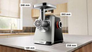 Месомелачка Bosch MFWS835M, SER8, Meat mincer, Blocking power: 2500W, 4,5 kg/min, 10-year motor, dishwasher safe, tomato press, kebbe att., sausage att., silver black