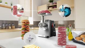 Месомелачка Bosch MFWS835M, SER8, Meat mincer, Blocking power: 2500W, 4,5 kg/min, 10-year motor, dishwasher safe, tomato press, kebbe att., sausage att., silver black