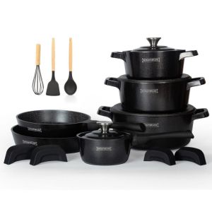 Комплект тенджери и тигани Royalty Line Premium RL-OS1014B, 17 ч, Отливка, Greblon мраморно покритие, Индукция, Черен