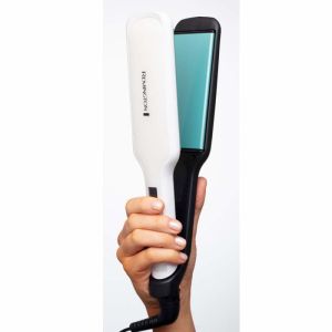 Преса за коса Remington S8550 Shine Therapy, Керамично покритие с арганово масло+витамин Е, 235°C, 10 настройки, Широки плочи, Бързо загряване, Бял