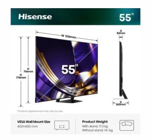Телевизор Hisense 55"U7S Pro, 4K Ultra HD 3840x2160, ULED, FALD, Quantum Dot, 165Hz, IPS, HDR 10+, HLG, Dolby Vision IQ, Dolby Atmos, Smart TV, WiFi 5GHz, WiFi Direct, BT, Anyview Cast,light sensor,Solar Powered Remote, 4xHDMI, 2xUSB, LAN, CI+, DVB-T2/C/S