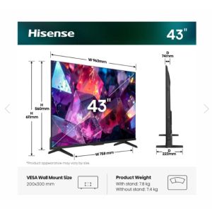 Телевизор Hisense 43" E7S Pro, 4K Ultra HD 3840x2160, QLED, Quantum Dot, 144Hz, HDR 10+ adaptive, HLG, Dolby Vision, DTS Virtual X, Smart TV, WiFi 5GHz, WiFi Direct, BT, Anyview Cast, 3xHDMI, 2xUSB, LAN, CI+, DVB-T2/C/S2, Black