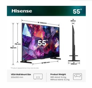 Телевизор Hisense 55" E7S Pro, 4K Ultra HD 3840x2160, QLED, Quantum Dot, 144Hz, HDR 10+ adaptive, HLG, Dolby Vision, DTS Virtual X, Smart TV, WiFi 5GHz, WiFi Direct, BT, Anyview Cast, 3xHDMI, 2xUSB, LAN, CI+, DVB-T2/C/S2, Black