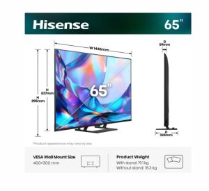 Телевизор Hisense 65" A7S, 4K Ultra HD 3840x2160, QLED, HDR 10+, HLG, Dolby Vision, Dolby Atmos, Smart TV, Light Sensor, WiFi Direct, BT, Anyview Cast, 3xHDMI, 2xUSB, LAN, CI+, DVB-T2/C/S2, Black
