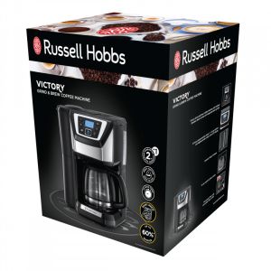 Кафемашина с вградена мелачка Russell Hobbs Victory Grind & Brew 22000-56, 1025W, 1.5 л, 250 гр, 12 чаши, Таймер, Вграден филтър, Черен/инокс