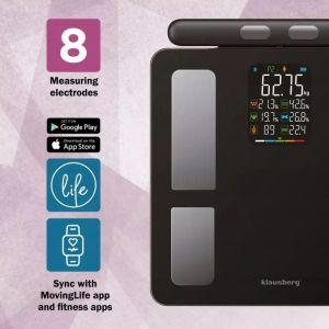 Кантар - анализатор Klausberg KB 7856, До 180 кг, Bluetooth, Android/iOS, LCD дисплей, 14 телесни стойности, Черен
