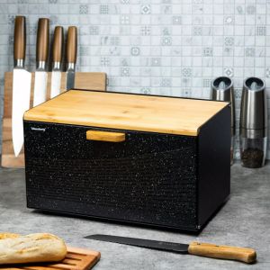 Кутия за хляб Klausberg KB 7464, 35.5 см, Стомана, Бамбук, Горен и преден капак, Черен