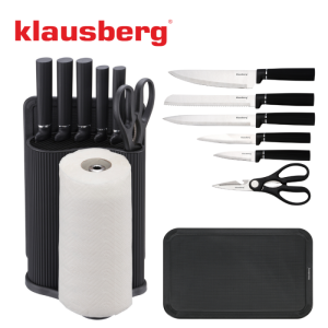 Комплект ножове Klausberg KB 7977, 8 части, Неръждаема стомана, Стойка, Държач за кухненска хартия, Черен