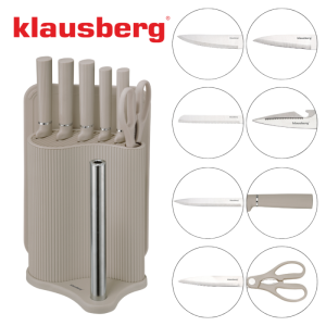 Комплект ножове Klausberg KB 7978, 8 части, Неръждаема стомана, Стойка, Държач за кухненска хартия, Бежов
