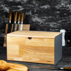Кутия за хляб Klausberg KB 7395, 35.5 см, Висококачествен метал, Бамбук, Горен и преден капак, Черен