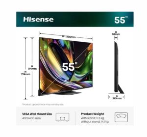 Телевизор Hisense 55" UR8S, 4K Ultra HD 3840x2160, RGB Mini Led , DLED, Quantum Dot, 180Hz, IPS, HDR 10+, HLG, Dolby Vision IQ, Dolby Atmos, Smart TV,Light Sensor,WiFi 6eGHz, WiFi Direct, BT,2x10 W + 20 W + 2x5 W, Anyview Cast, 4xHDMI, 2xUSB, LAN, CI+, DV
