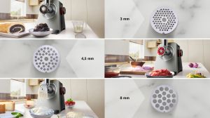 Месомелачка Bosch MFWS860M, SER8, Meat mincer, Blocking power: 2500W, 4,5 kg/min, 10-year motor, dishwasher safe, tomato press, 4 grating discs, kebbe att., sausage att., silver black