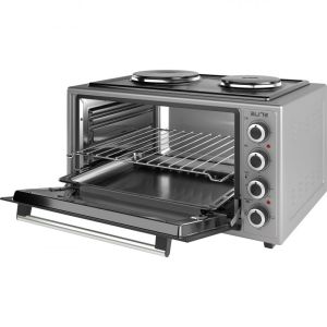 Малка готварска печка Elite EMO-48302G, 2000W, 48 л, 3 функции, Двойно стъкло, Термостат, Таймер, Инокс