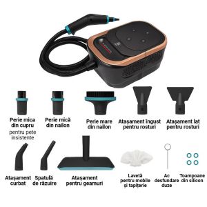 Парочистачка Oliver Voltz OV51002B, 1500W, 4 бара, 1.25 л, 6 степени, Дезинфекция, Аксесоари, Черен/Розово Злато