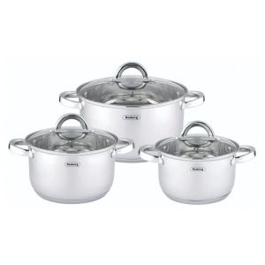 Комплект тенджери Rosberg R51210L6C, 6 ч, Мерителна скала, Стъклени капаци, Неръждаема стомана, Индукция, Сребрист