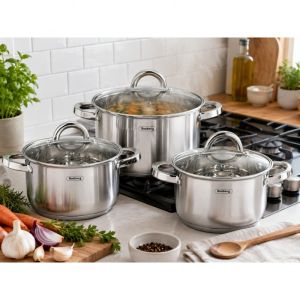 Комплект тенджери Rosberg R51210L6C, 6 ч, Мерителна скала, Стъклени капаци, Неръждаема стомана, Индукция, Сребрист