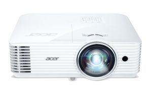 Мултимедиен проектор Acer Projector S1386WH, DLP, Short Throw, WXGA (1280x800), 3600 ANSI Lumens, 20 000:1, 1x, 3D ready, HDMI, VGA out, DC Out (5V/1A, USB-A), RCA, Audio in/out, Speaker 16W, Bluelight Shield, Bag, 3.1kg, 3Y, White