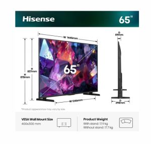 Телевизор Hisense 65" E7S Pro, 4K Ultra HD 3840x2160, QLED, Quantum Dot, 144Hz, HDR 10+ adaptive, HLG, Dolby Vision, DTS Virtual X, Smart TV, WiFi 5GHz, WiFi Direct, BT, Anyview Cast, 4xHDMI, 2xUSB, LAN, CI+, DVB-T2/C/S2, Black